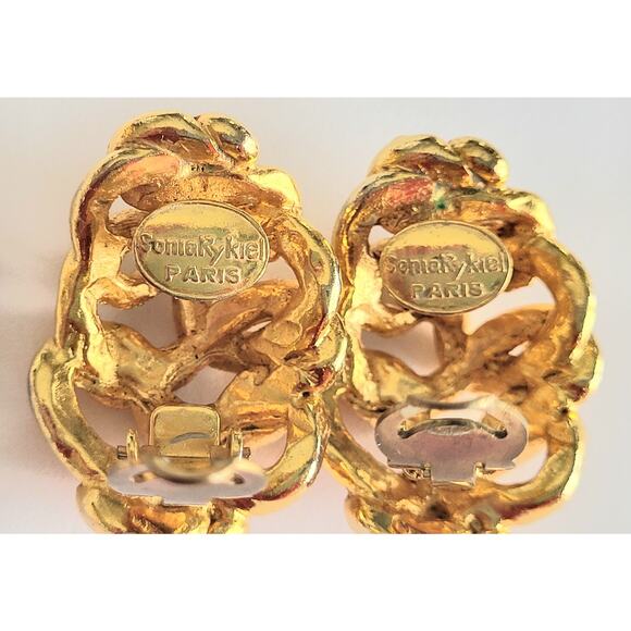 Sonia Rykiel Gold Earrings Chunky Clip-On Signed Vintage Mid Century Modern MCM - Picture 5 of 11